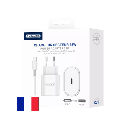 Adaptateur secteur USB-C 25 W + câble USB-C vers USB-C – JELLICO C35 – Boîte/Blister – Blanc