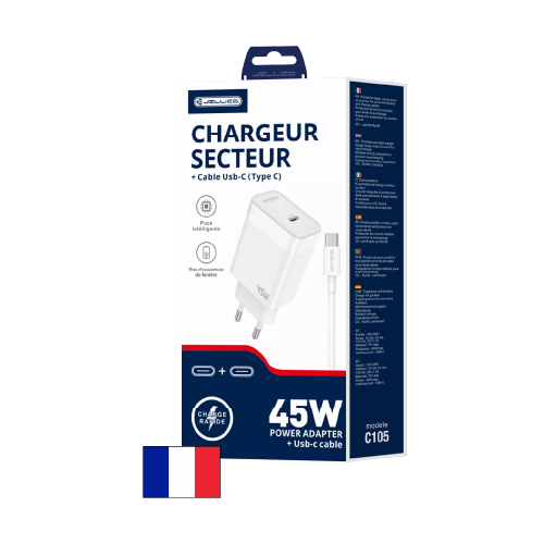 Adaptateur secteur USB-C 45 W + câble USB-C vers USB-C – JELLICO C105 – Boîte/Blister – Blanc