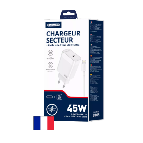 Chargeur secteur USB-C 45 W + câble USB-C vers Lightning – Jellico C105 – Blanc